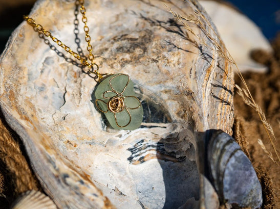 Aqua sea glass oval pendant in gold setting