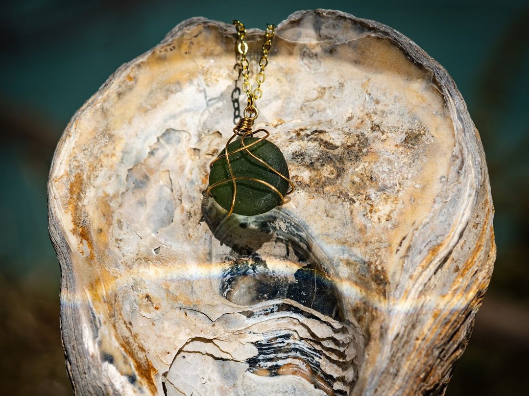 Dark Green sea glass pebble pendant in gold setting